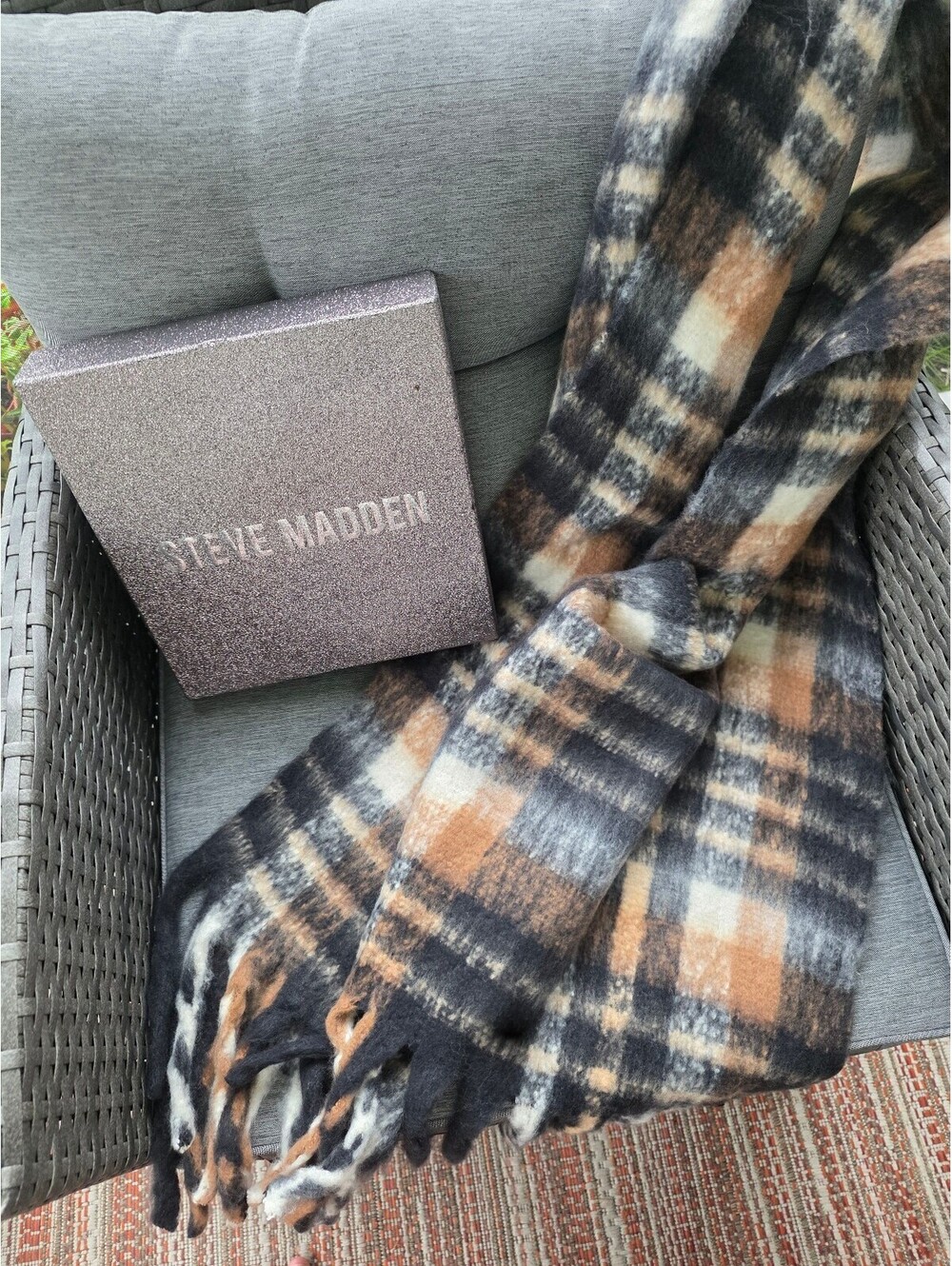 Steve Madden One Size Plaid Polyester Scarf with Fringe